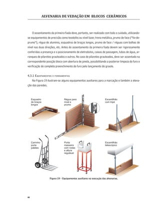 ALVENARIA DE VEDAÇÃO EM BLOCOS CERÂMICOS
44
O assentamento da primeira ﬁada deve, portanto, ser realizado com todo o cuidado, utilizando-
se equipamentos de precisão como teodolito ou nível lazer, trena metálica, prumo de face (“ﬁo-de-
prumo”), régua de alumínio, esquadros de braços longos, prumo de face / réguas com bolhas de
nível nas duas direções, etc. Antes do assentamento da primeira ﬁada devem ser rigorosamente
conferidas a presença e o posicionamento de eletrodutos, caixas de passagem, tubos de água, ar-
ranques de pilaretes grauteados e outros. No caso de pilaretes grauteados, deve ser assentado na
correspondente posição bloco com abertura de janela, possibilitando a posterior limpeza do furo e
veriﬁcação do completo preenchimento do furo pelo lançamento do graute.
4.3.1 EQUIPAMENTOS E FERRAMENTAS
Na Figura 19 ilustram-se alguns equipamentos auxiliares para a marcação e também a eleva-
ção das paredes.
Figura 19 - Equipamentos auxiliares na execução das alvenarias.
Esquadro
de braços
longos
Régua para
nível e
prumo
Escantilhão
com tripé
Carrinho
porta
paletes
Escantilhão
telescópico
Porta
masseira
com rodas
e altura
regulável
 
