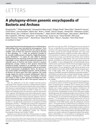 Vol 462 | 24/31 December 2009 | doi:10.1038/nature08656




LETTERS
A phylogeny-driven genomic encyclopaedia of
Bacteria and Archaea
Dongying Wu1,2, Philip Hugenholtz1, Konstantinos Mavromatis1, Rudiger Pukall3, Eileen Dalin1, Natalia N. Ivanova1,
                                                                  ¨
Victor Kunin1, Lynne Goodwin4, Martin Wu5, Brian J. Tindall3, Sean D. Hooper1, Amrita Pati1, Athanasios Lykidis1,
Stefan Spring3, Iain J. Anderson1, Patrik D’haeseleer1,6, Adam Zemla6, Mitchell Singer2, Alla Lapidus1, Matt Nolan1,
Alex Copeland1, Cliff Han4, Feng Chen1, Jan-Fang Cheng1, Susan Lucas1, Cheryl Kerfeld1, Elke Lang3,
Sabine Gronow3, Patrick Chain1,4, David Bruce4, Edward M. Rubin1, Nikos C. Kyrpides1, Hans-Peter Klenk3
& Jonathan A. Eisen1,2


Sequencing of bacterial and archaeal genomes has revolutionized our                       gene from across the tree of life7. Working from the root to the tips of
understanding of the many roles played by microorganisms1. There                          the tree, we identified the most divergent lineages that lacked repre-
are now nearly 1,000 completed bacterial and archaeal genomes                             sentatives with sequenced genomes (completed or in progress)8 and
available2, most of which were chosen for sequencing on the basis                         for which a species has been formally described9 and a type strain
of their physiology. As a result, the perspective provided by                             designated and deposited in a publicly accessible culture collection10.
the currently available genomes is limited by a highly biased phylo-                      From hundreds of candidates, 200 type strains were selected both to
genetic distribution3–5. To explore the value added by choosing                           obtain broad coverage across Bacteria and Archaea and to perform
microbial genomes for sequencing on the basis of their evolutionary                       in-depth sampling of a single phylum. The Gram-positive bacterial
relationships, we have sequenced and analysed the genomes of 56                           phylum Actinobacteria was chosen for the latter purpose because of
culturable species of Bacteria and Archaea selected to maximize                           the availability of many phylogenetically and phenotypically diverse
phylogenetic coverage. Analysis of these genomes demonstrated                             cultured strains, and because it had the lowest percentage of sequenced
pronounced benefits (compared to an equivalent set of genomes                             isolates of any phylum (1% versus an average of 2.3%)11. Of the 200
randomly selected from the existing database) in diverse areas includ-                    targeted isolates, 159 were designated as ‘high’ priority primarily on the
ing the reconstruction of phylogenetic history, the discovery of                          basis of phylum-level novelty and the ability to obtain microgram quan-
new protein families and biological properties, and the prediction                        tities of high quality DNA. The genomes of these 159 are being
of functions for known genes from other organisms. Our results                            sequenced, assembled, annotated (including recommended metadata12)
strongly support the need for systematic ‘phylogenomic’ efforts to                        and finished, and relevant data are being released through a dedicated
compile a phylogeny-driven ‘Genomic Encyclopedia of Bacteria                              Integrated Microbial Genomes database portal13 and deposited into
and Archaea’ in order to derive maximum knowledge from exist-                             GenBank. Currently, data from 106 genomes (62 of which are finished)
ing microbial genome data as well as from genome sequences to                             are available.
come.                                                                                         To assess the ramifications of this tree-based selection of organisms,
   Since the publication of the first complete bacterial genome,                          we focused our analyses on the first 56 genomes for which the shotgun
sequencing of the microbial world has accelerated beyond expecta-                         phase of sequencing was completed. The 53 bacteria and 3 archaea
tions. The inventory of bacterial and archaeal isolates with complete or                  (Supplementary Table 1) represent both a broad sampling of bacterial
draft sequences is approaching the two thousand mark2. Most of these                      diversity and a deeper sampling of the phylum Actinobacteria (26
genome sequences are the product of studies in which one or a few                         GEBA genomes). An initial question we addressed was whether selec-
isolates were targeted because of an interest in a specific characteristic                tion on the basis of phylogenetic novelty of SSU rRNA genes reliably
of the organism. Although large-scale multi-isolate genome sequen-                        identifies genomes that are phylogenetically novel on the basis of other
cing studies have been performed, they have tended to be focused on                       criteria. This question arises because it is known that single genes, even
particular habitats or on the relatives of specific organisms. This over-                 SSU rRNA genes, do not perfectly predict genome-wide phylogenetic
all lack of broad phylogenetic considerations in the selection of micro-                  patterns14,15. To investigate this, we created a ‘genome tree’ (ref. 16) of
bial genomes for sequencing, combined with a cultivation bottleneck6,                     completed bacterial genomes (Fig. 1) and then measured the relative
has led to a strongly biased representation of recognized microbial                       contribution of the GEBA project using the phylogenetic diversity
phylogenetic diversity3–5. Although some projects have attempted to                       metric17. We found that the 53 GEBA bacteria accounted for 2.8–4.4
correct this (for example, see ref. 5), they have all been small in scope.                times more phylogenetic diversity than randomly sampled subsets of
To evaluate the potential benefits of a more systematic effort, we                        53 non-GEBA bacterial genomes. A similar degree of improvement in
embarked on a pilot project to sequence approximately 100 genomes                         phylogenetic diversity was seen for the more intensively sampled acti-
selected solely for their phylogenetic novelty: the ‘Genomic                              nobacteria (Table 1). These analyses indicate that although SSU rRNA
Encyclopedia of Bacteria and Archaea’ (GEBA).                                             genes are not a perfect indicator of organismal evolution, their phylo-
   Organisms were selected on the basis of their position in a phylo-                     genetic relationships are a sound predictor of phylogenetic novelty
genetic tree of small subunit (SSU) ribosomal RNA, the best sampled                       within the universal gene core present in bacterial genomes.
1
  DOE Joint Genome Institute, Walnut Creek, California 94598, USA. 2University of California, Davis, Davis, California 95616, USA. 3DSMZ, German Collection of Microorganisms and
Cell Cultures, 38124 Braunschweig, Germany. 4DOE Joint Genome Institute-Los Alamos National Laboratory, Los Alamos, California 87545, USA. 5University of Virginia,
Charlottesville, Virginia 22904, USA. 6Lawrence Livermore National Laboratory, Livermore, California 94550, USA.

1056
 