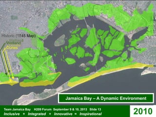Team Jamaica Bay H209 Forum September 9 & 10, 2013 Slide 13
Inclusive + Integrated + Innovative = Inspirational 18451899192219542010
Historic (1845 Map)
Wetland
Dunes
Wetland
Dunes
Jamaica Bay – A Dynamic Environment
 