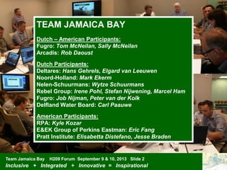 Team Jamaica Bay H209 Forum September 9 & 10, 2013 Slide 2
Inclusive + Integrated + Innovative = Inspirational
TEAM JAMAICA BAY
Dutch – American Participants:
Fugro: Tom McNeilan, Sally McNeilan
Arcadis: Rob Daoust
Dutch Participants:
Deltares: Hans Gehrels, Elgard van Leeuwen
Noord-Holland: Mark Ekerm
Nelen-Schuurmans: Wytze Schuurmans
Rebel Group: Irene Pohl, Stefan Nijwening, Marcel Ham
Fugro: Job Nijman, Peter van der Kolk
Delfland Water Board: Carl Paauwe
American Participants:
RPA: Kyle Kozar
E&EK Group of Perkins Eastman: Eric Fang
Pratt Institute: Elisabetta Distefano, Jesse Braden
 