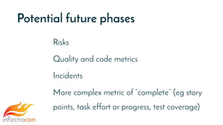 Potential future phases
Risks
Quality and code metrics
Incidents
More complex metric of “complete” (eg story
points, task effort or progress, test coverage)
 