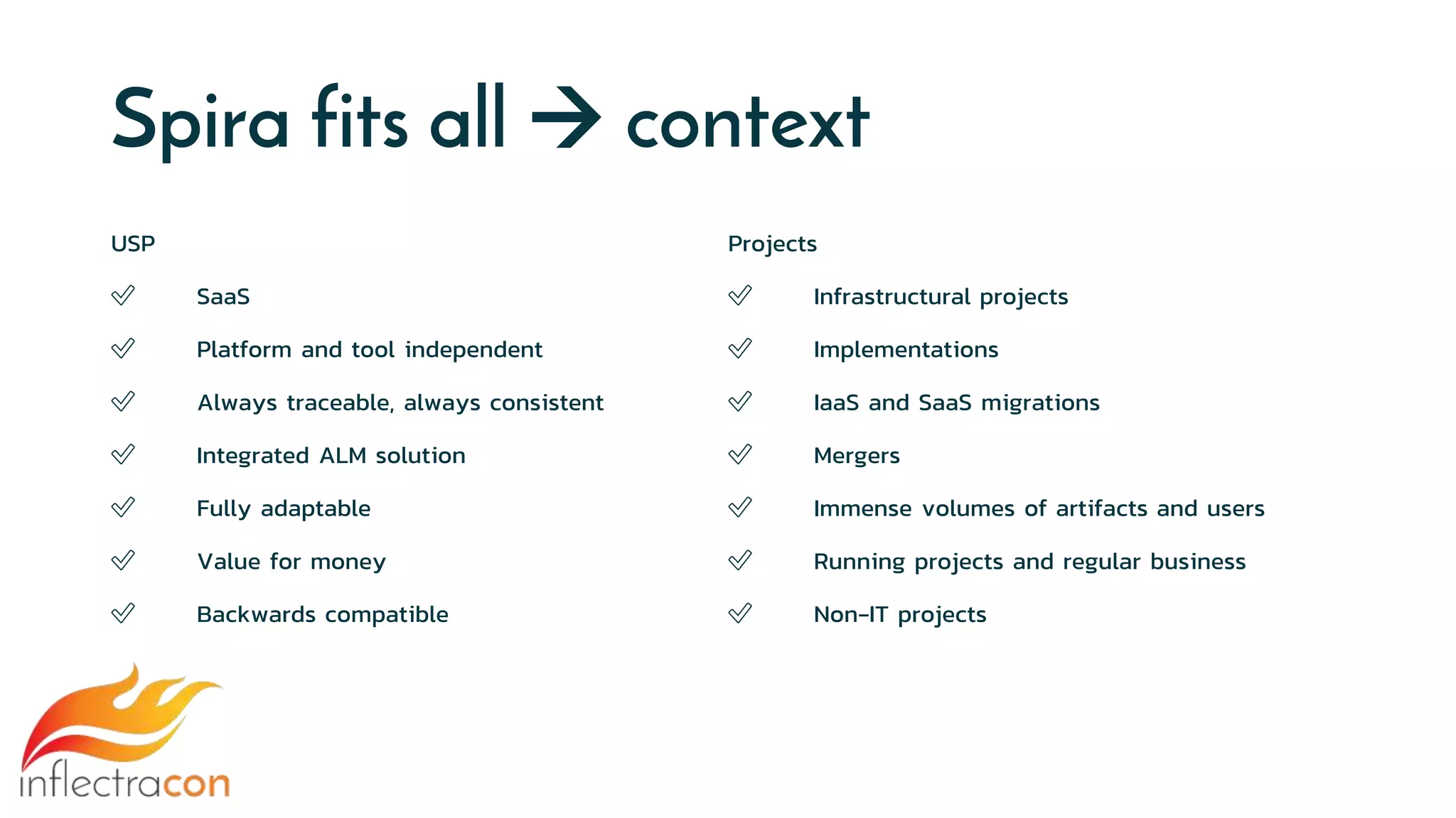Spira fits all  context
USP
✅ SaaS
✅ Platform and tool independent
✅ Always traceable, always consistent
✅ Integrated ALM solution
✅ Fully adaptable
✅ Value for money
✅ Backwards compatible
Projects
✅ Infrastructural projects
✅ Implementations
✅ IaaS and SaaS migrations
✅ Mergers
✅ Immense volumes of artifacts and users
✅ Running projects and regular business
✅ Non-IT projects
 