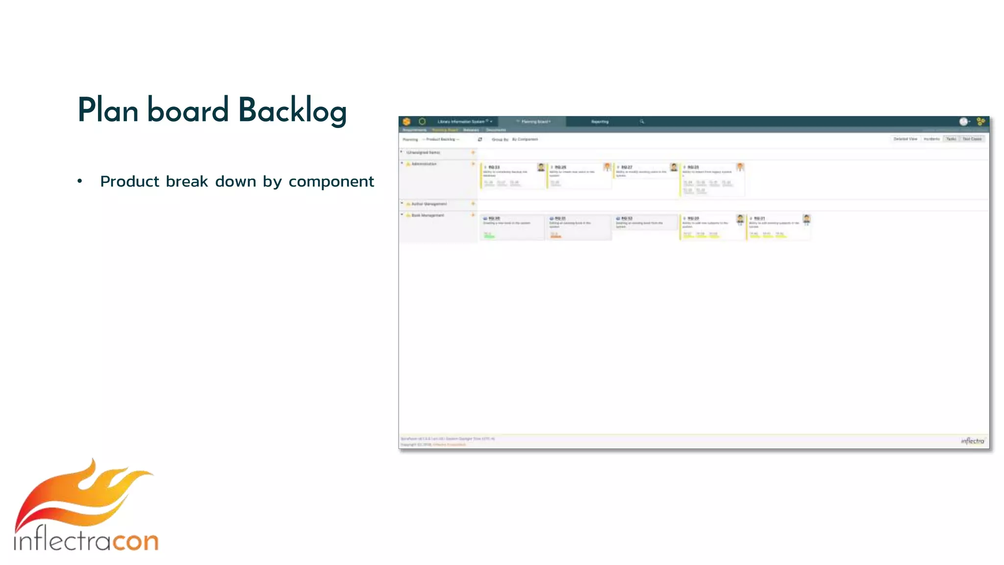 Plan board Backlog
• Product break down by component
 