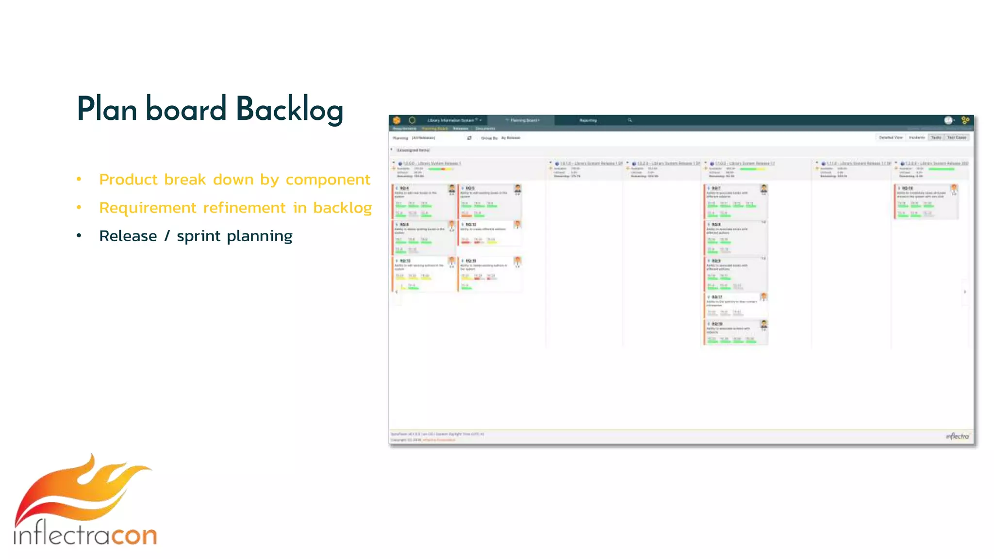 Plan board Backlog
• Product break down by component
• Requirement refinement in backlog
• Release / sprint planning
 