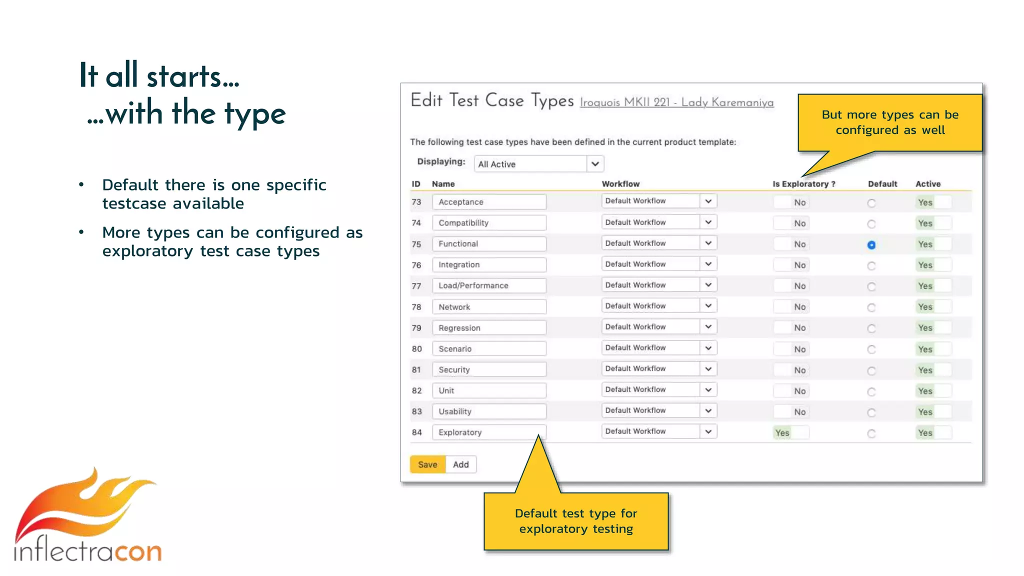 It all starts…
…with the type
• Default there is one specific
testcase available
• More types can be configured as
exploratory test case types
Default test type for
exploratory testing
But more types can be
configured as well
 