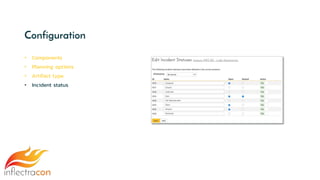 Configuration
• Components
• Planning options
• Artifact type
• Incident status
 