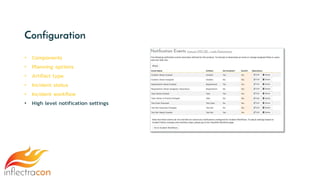 Configuration
• Components
• Planning options
• Artifact type
• Incident status
• Incident workflow
• High level notification settings
 