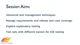 Session Aims
Advanced test management techniques
Manage requirements and release test case coverage
Explore exploratory testing
Test sets with different owners for E2E testing
 