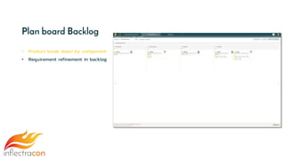 Plan board Backlog
• Product break down by component
• Requirement refinement in backlog
 