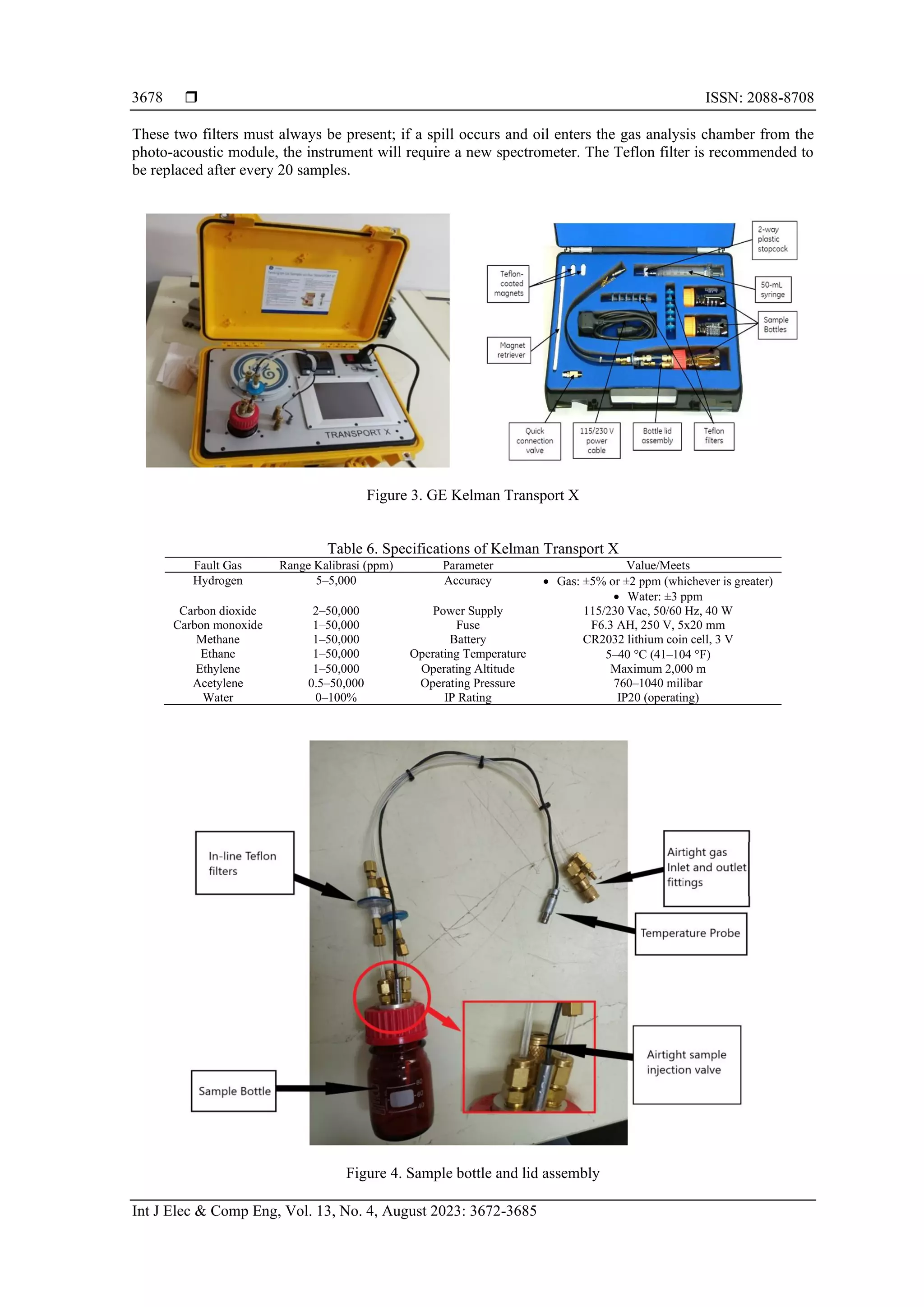  ISSN: 2088-8708 Int J Elec & Comp Eng, Vol. 13, No. 4, August 2023: 3672-3685 3678 These two filters must always be present; if a spill occurs and oil enters the gas analysis chamber from the photo-acoustic module, the instrument will require a new spectrometer. The Teflon filter is recommended to be replaced after every 20 samples. Figure 3. GE Kelman Transport X Table 6. Specifications of Kelman Transport X Fault Gas Range Kalibrasi (ppm) Parameter Value/Meets Hydrogen 5–5,000 Accuracy • Gas: ±5% or ±2 ppm (whichever is greater) • Water: ±3 ppm Carbon dioxide 2–50,000 Power Supply 115/230 Vac, 50/60 Hz, 40 W Carbon monoxide 1–50,000 Fuse F6.3 AH, 250 V, 5x20 mm Methane 1–50,000 Battery CR2032 lithium coin cell, 3 V Ethane 1–50,000 Operating Temperature 5–40 C (41–104 F) Ethylene 1–50,000 Operating Altitude Maximum 2,000 m Acetylene 0.5–50,000 Operating Pressure 760–1040 milibar Water 0–100% IP Rating IP20 (operating) Figure 4. Sample bottle and lid assembly 