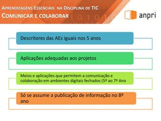 APRENDIZAGENS ESSENCIAIS NA DISCIPLINA DE TIC
COMUNICAR E COLABORAR
Descritores das AEs iguais nos 5 anos
Aplicações adequadas aos projetos
Meios e aplicações que permitem a comunicação e
colaboração em ambientes digitais fechados (5º ao 7º Ano
Só se assume a publicação de informação no 8º
ano
 