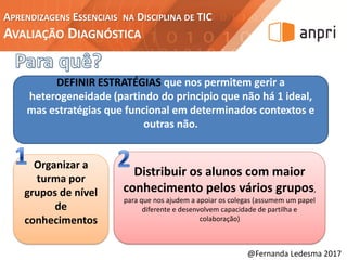 APRENDIZAGENS ESSENCIAIS NA DISCIPLINA DE TIC
AVALIAÇÃO DIAGNÓSTICA
@Fernanda Ledesma 2017
DEFINIR ESTRATÉGIAS que nos permitem gerir a
heterogeneidade (partindo do principio que não há 1 ideal,
mas estratégias que funcional em determinados contextos e
outras não.
Organizar a
turma por
grupos de nível
de
conhecimentos
Distribuir os alunos com maior
conhecimento pelos vários grupos,
para que nos ajudem a apoiar os colegas (assumem um papel
diferente e desenvolvem capacidade de partilha e
colaboração)
 