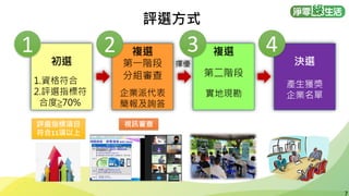 7
7
視訊審查
評選指標項目
符合11項以上
評選方式
1 2 3 4
 