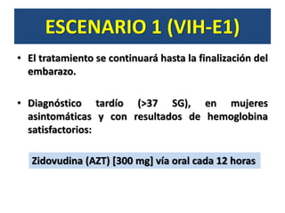 • El tratamiento se continuará hasta la finalización del
embarazo.
• Diagnóstico tardío (>37 SG), en mujeres
asintomáticas y con resultados de hemoglobina
satisfactorios:
ESCENARIO 1 (VIH-E1)
Zidovudina (AZT) [300 mg] vía oral cada 12 horas
 