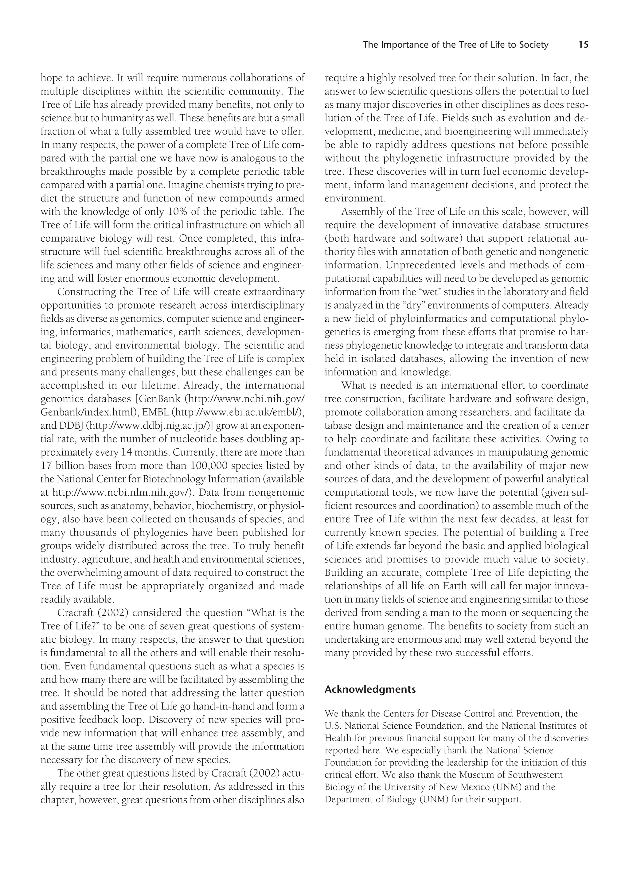 The Importance of the Tree of Life to Society 15
hope to achieve. It will require numerous collaborations of
multiple disciplines within the scientific community. The
Tree of Life has already provided many benefits, not only to
science but to humanity as well. These benefits are but a small
fraction of what a fully assembled tree would have to offer.
In many respects, the power of a complete Tree of Life com-
pared with the partial one we have now is analogous to the
breakthroughs made possible by a complete periodic table
compared with a partial one. Imagine chemists trying to pre-
dict the structure and function of new compounds armed
with the knowledge of only 10% of the periodic table. The
Tree of Life will form the critical infrastructure on which all
comparative biology will rest. Once completed, this infra-
structure will fuel scientific breakthroughs across all of the
life sciences and many other fields of science and engineer-
ing and will foster enormous economic development.
Constructing the Tree of Life will create extraordinary
opportunities to promote research across interdisciplinary
fields as diverse as genomics, computer science and engineer-
ing, informatics, mathematics, earth sciences, developmen-
tal biology, and environmental biology. The scientific and
engineering problem of building the Tree of Life is complex
and presents many challenges, but these challenges can be
accomplished in our lifetime. Already, the international
genomics databases [GenBank (http://www.ncbi.nih.gov/
Genbank/index.html), EMBL (http://www.ebi.ac.uk/embl/),
and DDBJ (http://www.ddbj.nig.ac.jp/)] grow at an exponen-
tial rate, with the number of nucleotide bases doubling ap-
proximately every 14 months. Currently, there are more than
17 billion bases from more than 100,000 species listed by
the National Center for Biotechnology Information (available
at http://www.ncbi.nlm.nih.gov/). Data from nongenomic
sources, such as anatomy, behavior, biochemistry, or physiol-
ogy, also have been collected on thousands of species, and
many thousands of phylogenies have been published for
groups widely distributed across the tree. To truly benefit
industry, agriculture, and health and environmental sciences,
the overwhelming amount of data required to construct the
Tree of Life must be appropriately organized and made
readily available.
Cracraft (2002) considered the question “What is the
Tree of Life?” to be one of seven great questions of system-
atic biology. In many respects, the answer to that question
is fundamental to all the others and will enable their resolu-
tion. Even fundamental questions such as what a species is
and how many there are will be facilitated by assembling the
tree. It should be noted that addressing the latter question
and assembling the Tree of Life go hand-in-hand and form a
positive feedback loop. Discovery of new species will pro-
vide new information that will enhance tree assembly, and
at the same time tree assembly will provide the information
necessary for the discovery of new species.
The other great questions listed by Cracraft (2002) actu-
ally require a tree for their resolution. As addressed in this
chapter, however, great questions from other disciplines also
require a highly resolved tree for their solution. In fact, the
answer to few scientific questions offers the potential to fuel
as many major discoveries in other disciplines as does reso-
lution of the Tree of Life. Fields such as evolution and de-
velopment, medicine, and bioengineering will immediately
be able to rapidly address questions not before possible
without the phylogenetic infrastructure provided by the
tree. These discoveries will in turn fuel economic develop-
ment, inform land management decisions, and protect the
environment.
Assembly of the Tree of Life on this scale, however, will
require the development of innovative database structures
(both hardware and software) that support relational au-
thority files with annotation of both genetic and nongenetic
information. Unprecedented levels and methods of com-
putational capabilities will need to be developed as genomic
information from the “wet” studies in the laboratory and field
is analyzed in the “dry” environments of computers. Already
a new field of phyloinformatics and computational phylo-
genetics is emerging from these efforts that promise to har-
ness phylogenetic knowledge to integrate and transform data
held in isolated databases, allowing the invention of new
information and knowledge.
What is needed is an international effort to coordinate
tree construction, facilitate hardware and software design,
promote collaboration among researchers, and facilitate da-
tabase design and maintenance and the creation of a center
to help coordinate and facilitate these activities. Owing to
fundamental theoretical advances in manipulating genomic
and other kinds of data, to the availability of major new
sources of data, and the development of powerful analytical
computational tools, we now have the potential (given suf-
ficient resources and coordination) to assemble much of the
entire Tree of Life within the next few decades, at least for
currently known species. The potential of building a Tree
of Life extends far beyond the basic and applied biological
sciences and promises to provide much value to society.
Building an accurate, complete Tree of Life depicting the
relationships of all life on Earth will call for major innova-
tion in many fields of science and engineering similar to those
derived from sending a man to the moon or sequencing the
entire human genome. The benefits to society from such an
undertaking are enormous and may well extend beyond the
many provided by these two successful efforts.
Acknowledgments
We thank the Centers for Disease Control and Prevention, the
U.S. National Science Foundation, and the National Institutes of
Health for previous financial support for many of the discoveries
reported here. We especially thank the National Science
Foundation for providing the leadership for the initiation of this
critical effort. We also thank the Museum of Southwestern
Biology of the University of New Mexico (UNM) and the
Department of Biology (UNM) for their support.
 