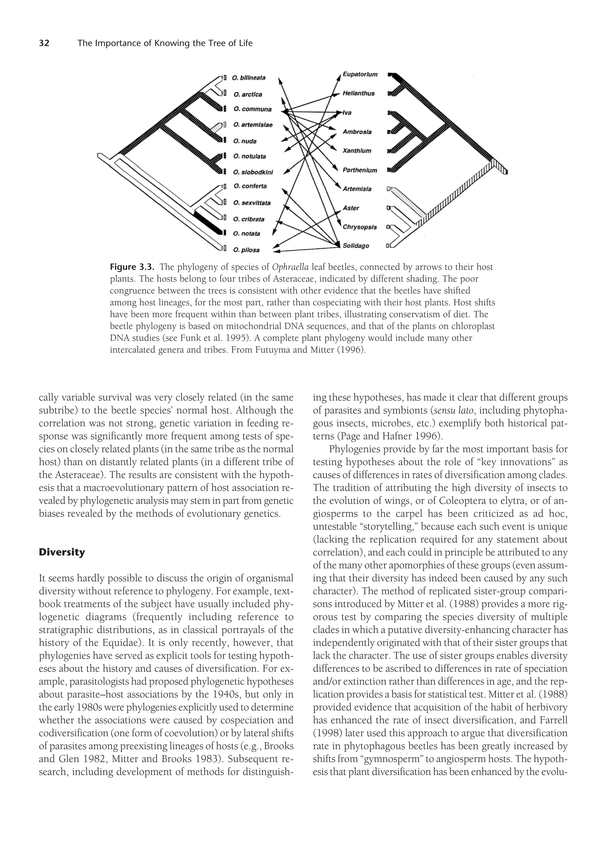 32 The Importance of Knowing the Tree of Life
cally variable survival was very closely related (in the same
subtribe) to the beetle species’ normal host. Although the
correlation was not strong, genetic variation in feeding re-
sponse was significantly more frequent among tests of spe-
cies on closely related plants (in the same tribe as the normal
host) than on distantly related plants (in a different tribe of
the Asteraceae). The results are consistent with the hypoth-
esis that a macroevolutionary pattern of host association re-
vealed by phylogenetic analysis may stem in part from genetic
biases revealed by the methods of evolutionary genetics.
Diversity
It seems hardly possible to discuss the origin of organismal
diversity without reference to phylogeny. For example, text-
book treatments of the subject have usually included phy-
logenetic diagrams (frequently including reference to
stratigraphic distributions, as in classical portrayals of the
history of the Equidae). It is only recently, however, that
phylogenies have served as explicit tools for testing hypoth-
eses about the history and causes of diversification. For ex-
ample, parasitologists had proposed phylogenetic hypotheses
about parasite–host associations by the 1940s, but only in
the early 1980s were phylogenies explicitly used to determine
whether the associations were caused by cospeciation and
codiversification (one form of coevolution) or by lateral shifts
of parasites among preexisting lineages of hosts (e.g., Brooks
and Glen 1982, Mitter and Brooks 1983). Subsequent re-
search, including development of methods for distinguish-
ing these hypotheses, has made it clear that different groups
of parasites and symbionts (sensu lato, including phytopha-
gous insects, microbes, etc.) exemplify both historical pat-
terns (Page and Hafner 1996).
Phylogenies provide by far the most important basis for
testing hypotheses about the role of “key innovations” as
causes of differences in rates of diversification among clades.
The tradition of attributing the high diversity of insects to
the evolution of wings, or of Coleoptera to elytra, or of an-
giosperms to the carpel has been criticized as ad hoc,
untestable “storytelling,” because each such event is unique
(lacking the replication required for any statement about
correlation), and each could in principle be attributed to any
of the many other apomorphies of these groups (even assum-
ing that their diversity has indeed been caused by any such
character). The method of replicated sister-group compari-
sons introduced by Mitter et al. (1988) provides a more rig-
orous test by comparing the species diversity of multiple
clades in which a putative diversity-enhancing character has
independently originated with that of their sister groups that
lack the character. The use of sister groups enables diversity
differences to be ascribed to differences in rate of speciation
and/or extinction rather than differences in age, and the rep-
lication provides a basis for statistical test. Mitter et al. (1988)
provided evidence that acquisition of the habit of herbivory
has enhanced the rate of insect diversification, and Farrell
(1998) later used this approach to argue that diversification
rate in phytophagous beetles has been greatly increased by
shifts from “gymnosperm” to angiosperm hosts. The hypoth-
esis that plant diversification has been enhanced by the evolu-
Figure 3.3. The phylogeny of species of Ophraella leaf beetles, connected by arrows to their host
plants. The hosts belong to four tribes of Asteraceae, indicated by different shading. The poor
congruence between the trees is consistent with other evidence that the beetles have shifted
among host lineages, for the most part, rather than cospeciating with their host plants. Host shifts
have been more frequent within than between plant tribes, illustrating conservatism of diet. The
beetle phylogeny is based on mitochondrial DNA sequences, and that of the plants on chloroplast
DNA studies (see Funk et al. 1995). A complete plant phylogeny would include many other
intercalated genera and tribes. From Futuyma and Mitter (1996).
 