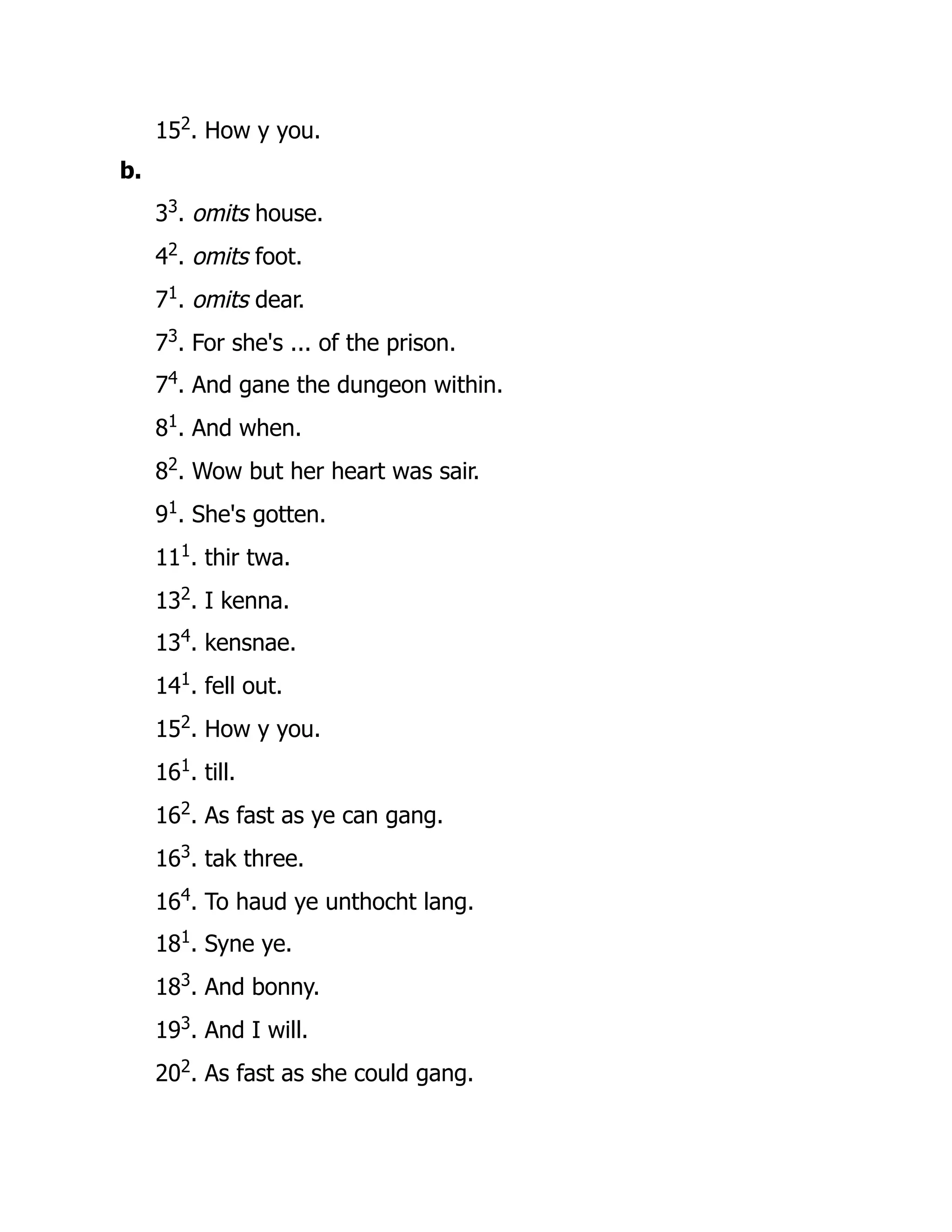 152
. How y you.
b.
33
. omits house.
42
. omits foot.
71
. omits dear.
73
. For she's ... of the prison.
74
. And gane the dungeon within.
81
. And when.
82
. Wow but her heart was sair.
91
. She's gotten.
111
. thir twa.
132
. I kenna.
134
. kensnae.
141
. fell out.
152
. How y you.
161
. till.
162
. As fast as ye can gang.
163
. tak three.
164
. To haud ye unthocht lang.
181
. Syne ye.
183
. And bonny.
193
. And I will.
202
. As fast as she could gang.
 