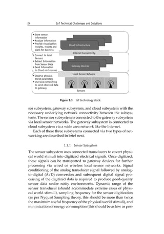 24 IoT Technical Challenges and Solutions		
sor subsystem, gateway subsystem, and cloud subsystem with the
necessary underlying network connectivity between the subsys-
tems. The sensor subsystem is connected to the gateway subsystem
via local sensor networks. The gateway subsystem is connected to
cloud subsystem via a wide area network like the Internet.
Each of these three subsystems connected via two types of net-
working are described in brief next.
1.3.1 Sensor Subsystem
The sensor subsystem uses connected transducers to covert physi-
cal world stimuli into digitized electrical signals. Once digitized,
these signals can be transported to gateway devices for further
processing via wired or wireless local sensor networks. Signal
conditioning of the analog transducer signal followed by analog-
to-digital (A/D) conversion and subsequent digital signal pro-
cessing of the digitized data is required to produce good-quality
sensor data under noisy environments. Dynamic range of the
sensor transducer (should accommodate extreme cases of physi-
cal world stimuli), sampling frequency for the sensor digitization
(as per Nyquist Sampling theory, this should be more than twice
the maximum useful frequency of the physical world stimuli), and
minimization of energy consumption (this should be as low as pos-
Figure 1.3 IoT technology stock.
 