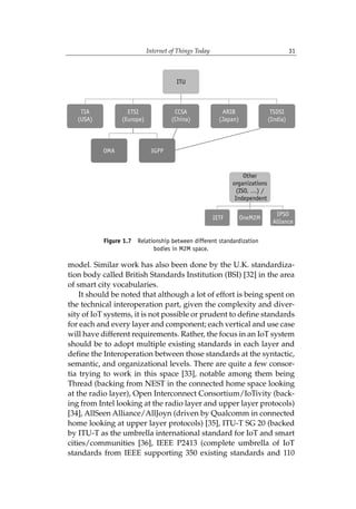 Internet of Things Today 31
model. Similar work has also been done by the U.K. standardiza-
tion body called British Standards Institution (BSI) [32] in the area
of smart city vocabularies.
It should be noted that although a lot of effort is being spent on
the technical interoperation part, given the complexity and diver-
sity of IoT systems, it is not possible or prudent to define standards
for each and every layer and component; each vertical and use case
will have different requirements. Rather, the focus in an IoT system
should be to adopt multiple existing standards in each layer and
define the Interoperation between those standards at the syntactic,
semantic, and organizational levels. There are quite a few consor-
tia trying to work in this space [33], notable among them being
Thread (backing from NEST in the connected home space looking
at the radio layer), Open Interconnect Consortium/IoTivity (back-
ing from Intel looking at the radio layer and upper layer protocols)
[34], AllSeen Alliance/AllJoyn (driven by Qualcomm in connected
home looking at upper layer protocols) [35], ITU-T SG 20 (backed
by ITU-T as the umbrella international standard for IoT and smart
cities/communities [36], IEEE P2413 (complete umbrella of IoT
standards from IEEE supporting 350 existing standards and 110
Figure 1.7 Relationship between different standardization
bodies in M2M space.
 