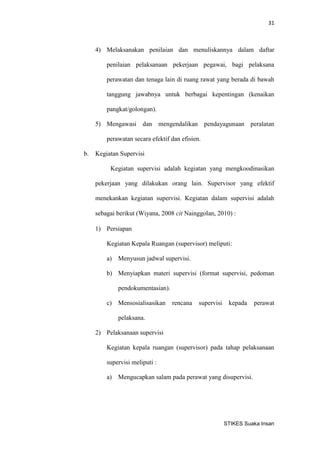 31 
STIKES Suaka Insan 
4) Melaksanakan penilaian dan menuliskannya dalam daftar penilaian pelaksanaan pekerjaan pegawai, bagi pelaksana perawatan dan tenaga lain di ruang rawat yang berada di bawah tanggung jawabnya untuk berbagai kepentingan (kenaikan pangkat/golongan). 
5) Mengawasi dan mengendalikan pendayagunaan peralatan perawatan secara efektif dan efisien. 
b. Kegiatan Supervisi 
Kegiatan supervisi adalah kegiatan yang mengkoodinasikan pekerjaan yang dilakukan orang lain. Supervisor yang efektif menekankan kegiatan supervisi. Kegiatan dalam supervisi adalah sebagai berikut (Wiyana, 2008 cit Nainggolan, 2010) : 
1) Persiapan 
Kegiatan Kepala Ruangan (supervisor) meliputi: 
a) Menyusun jadwal supervisi. 
b) Menyiapkan materi supervisi (format supervisi, pedoman pendokumentasian). 
c) Mensosialisasikan rencana supervisi kepada perawat pelaksana. 
2) Pelaksanaan supervisi 
Kegiatan kepala ruangan (supervisor) pada tahap pelaksanaan supervisi meliputi : 
a) Mengucapkan salam pada perawat yang disupervisi.  