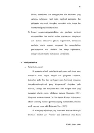35 
STIKES Suaka Insan 
latihan, memelihara dan menggunakan alat kesehatan yang optimal, melakukan rapat rutin, membuat pencatatan dan pelaporan yang telah ditetapkan, mengikuti visite dokter dan memberikan pendidikan kesehatan. 
3) Fungsi pengawasan/pengendalian dan penilaian meliputi mengendalikan dan menilai asuhan keperawatan, mengawasi dan menilai mahasiswa praktik keperawatan, melakukan penilaian kinerja perawat, mengawasi dan mengendalikan pendayagunaan alat kesehatan dan tenaga keperawatan, mengawasi dan menilai mutu asuhan keperawatan 
5. Konsep Perawat 
a. Pengertian perawat 
Keperawatan adalah suatu bentuk pelayanan profesional yang merupakan suatu bagian integral dari pelayanan kesehatan, didasarkan pada ilmu dan kiat keperawatan, berbentuk pelayanan bio-psiko-sosial-spiritual yang komprehensif ditujukan pada individu, keluarga dan masyarakat baik sakit maupun sehat yang mencakup seluruh proses kehidupan manusia (Kusnanto, 2003). Pengertian perawat menurut The New Lexion Webster’s Dictionary adalah seseorang biasanya perempuan yang mendapatkan pelatihan untuk merawat orang sakit (Potter dan Perry, 2009). 
Di sepanjang sejarahnya yang istimewah, keperawatan dapat dikatakan berakar dari “rumah” dan didominasi oleh kaum  