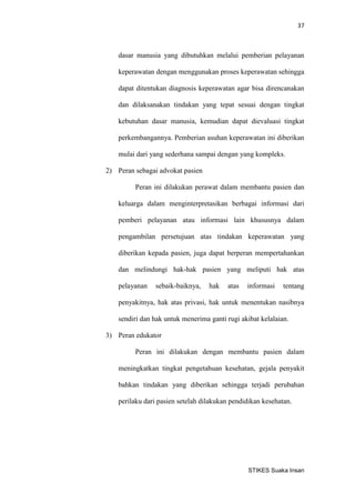 37 
STIKES Suaka Insan 
dasar manusia yang dibutuhkan melalui pemberian pelayanan keperawatan dengan menggunakan proses keperawatan sehingga dapat ditentukan diagnosis keperawatan agar bisa direncanakan dan dilaksanakan tindakan yang tepat sesuai dengan tingkat kebutuhan dasar manusia, kemudian dapat dievaluasi tingkat perkembangannya. Pemberian asuhan keperawatan ini diberikan mulai dari yang sederhana sampai dengan yang kompleks. 
2) Peran sebagai advokat pasien 
Peran ini dilakukan perawat dalam membantu pasien dan keluarga dalam menginterpretasikan berbagai informasi dari pemberi pelayanan atau informasi lain khususnya dalam pengambilan persetujuan atas tindakan keperawatan yang diberikan kepada pasien, juga dapat berperan mempertahankan dan melindungi hak-hak pasien yang meliputi hak atas pelayanan sebaik-baiknya, hak atas informasi tentang penyakitnya, hak atas privasi, hak untuk menentukan nasibnya sendiri dan hak untuk menerima ganti rugi akibat kelalaian. 
3) Peran edukator 
Peran ini dilakukan dengan membantu pasien dalam meningkatkan tingkat pengetahuan kesehatan, gejala penyakit bahkan tindakan yang diberikan sehingga terjadi perubahan perilaku dari pasien setelah dilakukan pendidikan kesehatan. 
 