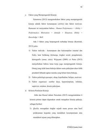 42 
STIKES Suaka Insan 
c. Faktor yang Mempengaruhi Kinerja 
Simamora (2012) mengemukakan faktor yang mempengaruhi kinerja adalah faktor kemampuan (ability) dan faktor motivasi. Rumusan ini menyatakan bahwa : Human Performance = Ability + Performance; Motivation = Attitude + Situation; Ability = Knowledge + Skill. 
Ada 3 faktor yang berpengaruh terhadap kinerja (Kurniadi, 2013) yaitu: 
1) Faktor individu : kemampuan dan keterampilan (mental dan fisik), latar belakang (keluarga, tingkat sosial, pengalaman), demografis (umur, etnis). Wijayanti (2009) cit Putra (2013) menyebutkan bahwa lama kerja juga mempengaruhi kinerja. Orang yang telah lama bekerja dalam suatu pekerjaan akan lebih produktif dibandi ngkan mereka yang belum lama bekerja. 
2) Faktor psikologis:persepsi, sikap, kepribadian, belajar, motivasi. 
3) Faktor organisasi: sumber daya, kepemimpinan, imbalan, supervisi, struktur, desain pekerjaan. 
d. Kriteria Penilaian Kinerja 
John dan Russel dalam Nursalam (2013) mengemukakan 6 kriteria primer dapat digunakan untuk mengukur kinerja pekerja, sebagai berikut: 
1) Quality merupakan tingkat sejauh mana proses atau hasil pelaksanaan kegiatan yang mendekati kesempurnaan atau mendekati tujuan yang diharapkan.  