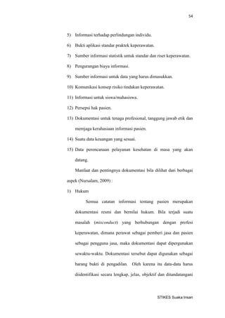 54 
STIKES Suaka Insan 
5) Informasi terhadap perlindungan individu. 
6) Bukti aplikasi standar praktek keperawatan. 
7) Sumber informasi statistik untuk standar dan riset keperawatan. 
8) Pengurangan biaya informasi. 
9) Sumber informasi untuk data yang harus dimasukkan. 
10) Komunikasi konsep risiko tindakan keperawatan. 
11) Informasi untuk siswa/mahasiswa. 
12) Persepsi hak pasien. 
13) Dokumentasi untuk tenaga profesional, tanggung jawab etik dan memjaga kerahasiaan informasi pasien. 
14) Suatu data keuangan yang sesuai. 
15) Data perencanaan pelayanan kesehatan di masa yang akan datang. 
Manfaat dan pentingnya dokumentasi bila dilihat dari berbagai aspek (Nursalam, 2009) : 
1) Hukum 
Semua catatan informasi tentang pasien merupakan dokumentasi resmi dan bernilai hukum. Bila terjadi suatu masalah (misconduct) yang berhubungan dengan profesi keperawatan, dimana perawat sebagai pemberi jasa dan pasien sebagai pengguna jasa, maka dokumentasi dapat dipergunakan sewaktu-waktu. Dokumentasi tersebut dapat digunakan sebagai barang bukti di pengadilan. Oleh karena itu data-data harus diidentifikasi secara lengkap, jelas, objektif dan ditandatangani  