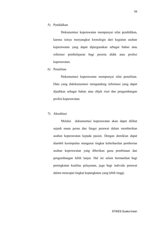 56 
STIKES Suaka Insan 
5) Pendidikan 
Dokumentasi keperawatan mempunyai nilai pendidikan, karena isinya menyangkut kronologis dari kegiatan asuhan keperawatan yang dapat dipergunakan sebagai bahan atau referensi pembelajaran bagi peserta didik atau profesi keperawatan. 
6) Penelitian 
Dokumentasi keperawatan mempunyai nilai penelitian. Data yang didokumentasi mengandung informasi yang dapat dijadikan sebagai bahan atau objek riset dan pengembangan profesi keperawatan. 
7) Akreditasi 
Melalui dokumentasi keperawatan akan dapat dilihat sejauh mana peran dan fungsi perawat dalam memberikan asuhan keperawatan kepada pasien. Dengan demikian dapat diambil kesimpulan mengenai tingkat keberhasilan pemberian asuhan keperawatan yang diberikan guna pembinaan dan pengembangan lebih lanjut. Hal ini selain bermanfaat bagi peningkatan kualitas pelayanan, juga bagi individu perawat dalam mencapai tingkat kepangkatan yang lebih tinggi. 
 