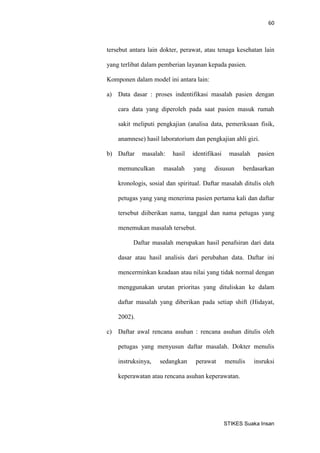 60 
STIKES Suaka Insan 
tersebut antara lain dokter, perawat, atau tenaga kesehatan lain yang terlibat dalam pemberian layanan kepada pasien. 
Komponen dalam model ini antara lain: 
a) Data dasar : proses indentifikasi masalah pasien dengan cara data yang diperoleh pada saat pasien masuk rumah sakit meliputi pengkajian (analisa data, pemeriksaan fisik, anamnese) hasil laboratorium dan pengkajian ahli gizi. 
b) Daftar masalah: hasil identifikasi masalah pasien memunculkan masalah yang disusun berdasarkan kronologis, sosial dan spiritual. Daftar masalah ditulis oleh petugas yang yang menerima pasien pertama kali dan daftar tersebut diiberikan nama, tanggal dan nama petugas yang menemukan masalah tersebut. 
Daftar masalah merupakan hasil penafsiran dari data dasar atau hasil analisis dari perubahan data. Daftar ini mencerminkan keadaan atau nilai yang tidak normal dengan menggunakan urutan prioritas yang dituliskan ke dalam daftar masalah yang diberikan pada setiap shift (Hidayat, 2002). 
c) Daftar awal rencana asuhan : rencana asuhan ditulis oleh petugas yang menyusun daftar masalah. Dokter menulis instruksinya, sedangkan perawat menulis insruksi keperawatan atau rencana asuhan keperawatan.  