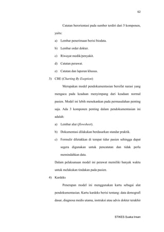 62 
STIKES Suaka Insan 
Catatan berorientasi pada sumber terdiri dari 5 komponen, yaitu: 
a) Lembar penerimaan berisi biodata. 
b) Lembar order dokter. 
c) Riwayat medik/penyakit. 
d) Catatan perawat. 
e) Catatan dan laporan khusus. 
3) CBE (Charting By Exeption) 
Merupakan model pendokumentasian bersifat narasi yang mengacu pada keadaan menyimpang dari keadaan normal pasien. Model ini lebih menekankan pada permasalahan penting saja. Ada 3 komponen penting dalam pendokumentasian ini adalah: 
a) Lembar alur (flowsheet). 
b) Dokumentasi dilakukan berdasarkan standar praktik. 
c) Formulir diletakkan di tempat tidur pasien sehingga dapat segera digunakan untuk pencatatan dan tidak perlu memindahkan data. 
Dalam pelaksanaan model ini perawat memiliki banyak waktu untuk melakukan tindakan pada pasien. 
4) Kardeks 
Penerapan model ini menggunakan kartu sebagai alat pendokumentasian. Kartu kardeks berisi tentang: data demografi dasar, diagnosa medis utama, instruksi atau advis dokter terakhir  