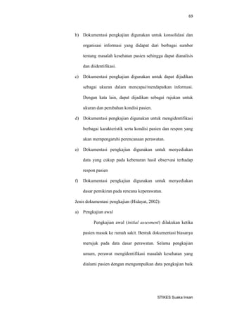 69 
STIKES Suaka Insan 
b) Dokumentasi pengkajian digunakan untuk konsolidasi dan organisasi informasi yang didapat dari berbagai sumber tentang masalah kesehatan pasien sehingga dapat dianalisis dan diidentifikasi. 
c) Dokumentasi pengkajian digunakan untuk dapat dijadikan sebagai ukuran dalam mencapai/mendapatkan informasi. Dengan kata lain, dapat dijadikan sebagai rujukan untuk ukuran dan perubahan kondisi pasien. 
d) Dokumentasi pengkajian digunakan untuk mengidentifikasi berbagai karakteristik serta kondisi pasien dan respon yang akan mempengaruhi perencanaan perawatan. 
e) Dokumentasi pengkajian digunakan untuk menyediakan data yang cukup pada kebenaran hasil observasi terhadap respon pasien 
f) Dokumentasi pengkajian digunakan untuk menyediakan dasar pemikiran pada rencana keperawatan. 
Jenis dokumentasi pengkajian (Hidayat, 2002): 
a) Pengkajian awal 
Pengkajian awal (initial assesment) dilakukan ketika pasien masuk ke rumah sakit. Bentuk dokumentasi biasanya merujuk pada data dasar perawatan. Selama pengkajian umum, perawat mengidentifikasi masalah kesehatan yang dialami pasien dengan mengumpulkan data pengkajian baik  