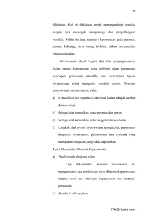 75 
STIKES Suaka Insan 
dilakukan. Hal ini dilakukan untuk menanggulangi masalah dengan cara mencegah, mengurangi, dan menghilangkan masalah. Selain itu juga memberi kesempatan pada perawat, pasien, keluarga, serta orang terdekat dalam merumuskan rencana tindakan. 
Perencanaan adalah bagian dari fase pengorganisasian dalam proses keperawatan yang meliputi tujuan perawatan, penetapan pemecahan masalah, dan menentukan tujuan perencanaan untuk mengatasi masalah pasien. Rencana keperawatan memuat tujuan, yaitu: 
a) Konsolidasi dan organisasi informasi pasien sebagai sumber dokumentasi. 
b) Sebagai alat komunikasi antar perawat dan pasien. 
c) Sebagai alat komunikasi antar anggota tim kesehatan. 
d) Langkah dari proses keperawatan (pengkajian, perumusan diagnosa, perencanaan, pelaksanaan dan evaluasi) yang merupakan rangkaian yang tidak terpisahkan. 
Tipe Dokumentasi Rencana Keperawatan 
a) Traditionally designed plans 
Tipe dokumentasi rencana keperawatan ini menggunakan tiga pendekatan yaitu diagnosa keperawatan, kriteria hasil, dan intervensi keperawatan atau instruksi perawatan. 
b) Standarlized care plans  