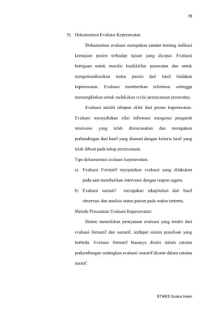 78 
STIKES Suaka Insan 
5) Dokumentasi Evaluasi Keperawatan 
Dokumentasi evaluasi merupakan catatan tentang indikasi kemajuan pasien terhadap tujuan yang dicapai. Evaluasi bertujuan untuk menilai keefektifan perawatan dan untuk mengomunikasikan status pasien dari hasil tindakan keperawatan. Evaluasi memberikan informasi sehingga memungkinkan untuk melakukan revisi perencanaan perawatan. 
Evaluasi adalah tahapan akhir dari proses keperawatan. Evaluasi menyediakan nilai informasi mengenai pengaruh intervensi yang telah direncanakan dan merupakan perbandingan dari hasil yang diamati dengan kriteria hasil yang telah dibuat pada tahap perencanaan. 
Tipe dokumentasi evaluasi keperawatan: 
a) Evaluasi Formatif menyatakan evaluasi yang dilakukan pada saat memberikan intervensi dengan respon segera. 
b) Evaluasi sumatif merupakan rekapitulasi dari hasil observasi dan analisis status pasien pada waktu tertentu. 
Metode Pencatatan Evaluasi Keperawatan: 
Dalam menuliskan pernyataan evaluasi yang terdiri dari evaluasi formatif dan sumatif, terdapat sistem penulisan yang berbeda. Evaluasi formatif biasanya ditulis dalam catatan perkembangan sedangkan evaluasi sumatif dicatat dalam catatan naratif. 
 
