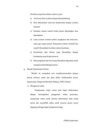 79 
STIKES Suaka Insan 
Penulisan yang benar dalam evaluasi, yaitu: 
a) Awali atau ikuti evaluasi dengan data pendukung. 
b) Ikuti dokumentasi intervensi keperawatan dengan evaluasi formatif. 
c) Gunakan catatan sumatif ketika pasien dipulangkan atau dipindahkan. 
d) Catat evaluasi sumatif melalui pengkajian dan intervensi, catat juga respon pasien. Pernyataan evaluasi formatif dan sumatif dimasukkan ke dalam catatan kesehatan. 
e) Korelasikan data khusus yang ditampilkan dengan kesimpulan yang dicapai perawat. 
f) Data pengkajian dan hasil yang diharapkan digunakan untuk mengukur perkembangan pasien. 
g. Metode Dokumentasi Efisien 
Metode ini merupakan cara mendokumentasikan dengan prinsip efisiensi waktu dan dana dalam melaksanakan proses keperawatan, dengan karakteristik (Hidayat, 2002), berikut: 
1) Menghemat waktu 
Penghematan waktu secara jelas dapat dilaksanakan dengan meningkatkan penggunaan waktu perawatan, mengurangi waktu untuk menulis dokumentasi pada setiap pasien dan menambah waktu untuk merawat pasien secara langsung sehingga dapat menghemat tenaga. 
 
