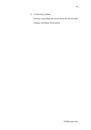 82 
STIKES Suaka Insan 
f) Confidentality (rahasia) 
Informasi yang didapat dari pasien akurat dan perawat dapat menjaga/ melindungi rahasia pasien. 
 