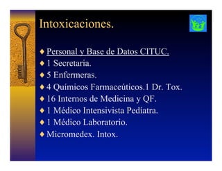 Intoxicaciones.
♦ Personal y Base de Datos CITUC.
♦ 1 Secretaria.
♦ 5 Enfermeras.
♦ 4 Químicos Farmaceúticos.1 Dr. Tox.
♦ 16 Internos de Medicina y QF.
♦ 1 Médico Intensivista Pedíatra.
♦ 1 Médico Laboratorio.
♦ Micromedex. Intox.
 