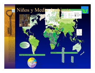 The price of life
Acute respiratory
infection 18%
Other
24%
Diarrhoea 15%
Malaria 11%
Measles 5%
Human Immunodeficiency
Virus (HIV) 4%
Perinatal diseases
(within 7 days of birth)
23%
Deaths associated
with malnutrition:
54% Annual expenditure on pet food
in North America and Europe
1998
Annual cost of scaling-up vaccination,
malaria prevention and
essential treatment to reach
every child in the developing world
2001
US$ 7.5 billion
US$ 17 billion
AUSTRALIA
REP.
KOREA
DPR
KOREA
TIMOR-LESTE
MICRONESIA,
FED. STATES OF
ANTIGUA & BARBUDA
BARBADOS
ST LUCIA
TRINIDAD & TOBAGO
PALAU
ST KITTS & NEVIS
ST VINCENT & GRENADINES
BAHAMAS
ZIMBABWE
UGANDA
TURKMENISTAN
UZBEKISTAN
TAJIKISTAN
KYRGYZSTANGEORGIA
AZERBAIJAN
ARMENIA
MADAGASCAR
SRI LANKA
JAMAICA
CUBA
DOMINICAN
REP.
BRUNEI DAR.
M A L A Y S I A
SAUDI
ARABIA
C H I N A
M O N G O L I A
VIET NAM
CAMBODIA
LAO
PDR
THAILAND
I N D I A
BHUTAN
BANGLADESH
ISL. REP.
IRAN
PAKISTAN
AFGHANISTAN
T U R K E Y
IRAQ
CYPRUS SYRIAN ARAB
REPUBLIC
LEBANON
ISRAEL
JORDAN
BAHRAIN
QATAR
UAE
OMAN
KUWAIT
YEMEN
NEPAL
K A Z A K H S T A N
U S A
C A N A D A
ALGERIA
NIGER
CHAD
S U D A N
NIGERIA
CENTRAL AFRICAN
REPUBLIC
DEM. REP.
CONGO
ETHIOPIA
ANGOLA
E G Y P T
MOROCCO
LIBYAN
ARAB
JAMAHIRIYA
MAURITANIA
SENEGAL
GAMBIA
CAPE VERDE
SAO TOME
& PRINCIPE
GUINEA-BISSAU
GUINEA
LIBERIA
CÔTE
D’IVOIRE
BURKINA
FASO
GHANA
BENIN
CAMEROONEQUATORIAL
GUINEA
GABON
CONGO
NAMIBIA
BOTSWANA
SOUTH
AFRICA
MOZAMBIQUE
MALAWI
ZAMBIA
UNITED REP.
TANZANIA
BURUNDI
RWANDA
KENYA
DJIBOUTI
SOMALIA
TOGO
SIERRA LEONE
SWAZILAND
MALI
LESOTHO
ERITREA
GUATEMALA
EL SALVADOR
MEXICO
HAITI
BOLIVIA
PARAGUAY
B R A Z I L
VENEZUELA
COLOMBIA
HONDURAS
NICARAGUA
COSTA RICA
PANAMA
ECUADOR
PERU
GUYANA
SURINAME
BELIZE
ARGENTINA
URUGUAY
CHILE
PHILIPPINES
NEW
ZEALAND
PAPUA
NEW
GUINEA
I N D O N E S I A
JAPAN
R U S S I A N F E D E R A T I O N
MAURITIUS
MALDIVES
COMOROS
SEYCHELLES
SINGAPORE
DOMINICA
GRENADA
MYANMAR
SOLOMON
ISLANDS
TUVALU
MARSHALL
ISLANDS
NAURU
TONGA
SAMOA
NIUE
COOK
ISLANDS
KIRIBATI
FIJI
VANUATU
TUNISIA
CROATIA
ITALY
REP.
MOLDOVA
UKRAINE
FYR MACEDONIA
LITHUANIA
LATVIA
ESTONIA
ALBANIA
AUSTRIA HUNGARY
BULGARIA
ROMANIA
GREECE
SERBIA &
MONTENEGRO
POLAND
SLOVENIA
BELARUS
RUSSIAN
FED.UNITED
KINGDOM
IRELAND
DENMARK
FRANCE
SPAIN
ANDORRA
S. MARINO
PORTUGAL
GERMANY
SWITZ.
BELGIUM
LUX.
NETH.
ICELAND
NORWAY
FINLAND
SWEDEN
SLOVAKIA
CZECH
REPUBLIC
MALTA
MONACO
BOSNIA &
HERZEGOVINA
Under-five mortality rate per 1000 live births
2000
Beacons of hope
greatest improvement
in child mortality rate
1970–2000
over 175
101 – 175
26 – 100
11 – 25
10 and under
no data
Child mortality rate
Main causes of child mortality
2002
The biggest killers of children under five
ProducedbyMyriadEditions
O
TheWorld’s Forgotten
Children
ver 10 million children
under five die every year –
98 per cent of them in developing
countries. Widespread
malnutrition hampers children’s
growth and development, opening
the door to the biggest killers of
children under five: perinatal
diseases, pneumonia, diarrhoea,
and malaria. This presents a sharp
contrast to the situation in the
industrialized world, where junk
food and a sedentary lifestyle have
triggered an unprecedented
epidemic of obesity in children,
leading to diabetes and heart
disease in adult life.
The last three decades have
witnessed an impressive decline in
child mortality, from 17 million a
year in the 1970s. Yet these gains
have not been enjoyed
everywhere. In some countries of
sub-Saharan Africa, child
mortality is rising as wars and the
ravage of the AIDS epidemic
undermine the medical, social and
economic structures of society.
At the turn of the century, the
world joined together in the fight
against poverty, and committed
itself to the Millennium
Development Goals, adopted by
the United Nations in 2000. “To
reduce by two-thirds the
under-five mortality rate between
1990 and 2015” may be the most
ambitious of these goals.
Aiko is safely delivered in Kumamoto,
Japan, and can expect to live about 85
years. At the same time, Mariam comes
into this world in one of the poorest areas
of Freetown, Sierra Leone. She is
underweight and vitamin-deficient, and
has a 30% chance of dying before her
fifth birthday.
Today, 35% of Africa’s children are
at higher risk of death than they
were ten years ago.
From Inheriting the World: The Atlas of Children's Health and the Environment © WHO
World Health Organization
"It is not enough
to prepare our children for the world;
we must also prepare the world
for our children.”
Luis J. Rodriguez (1954– )
Niños y Medio Ambiente.
 