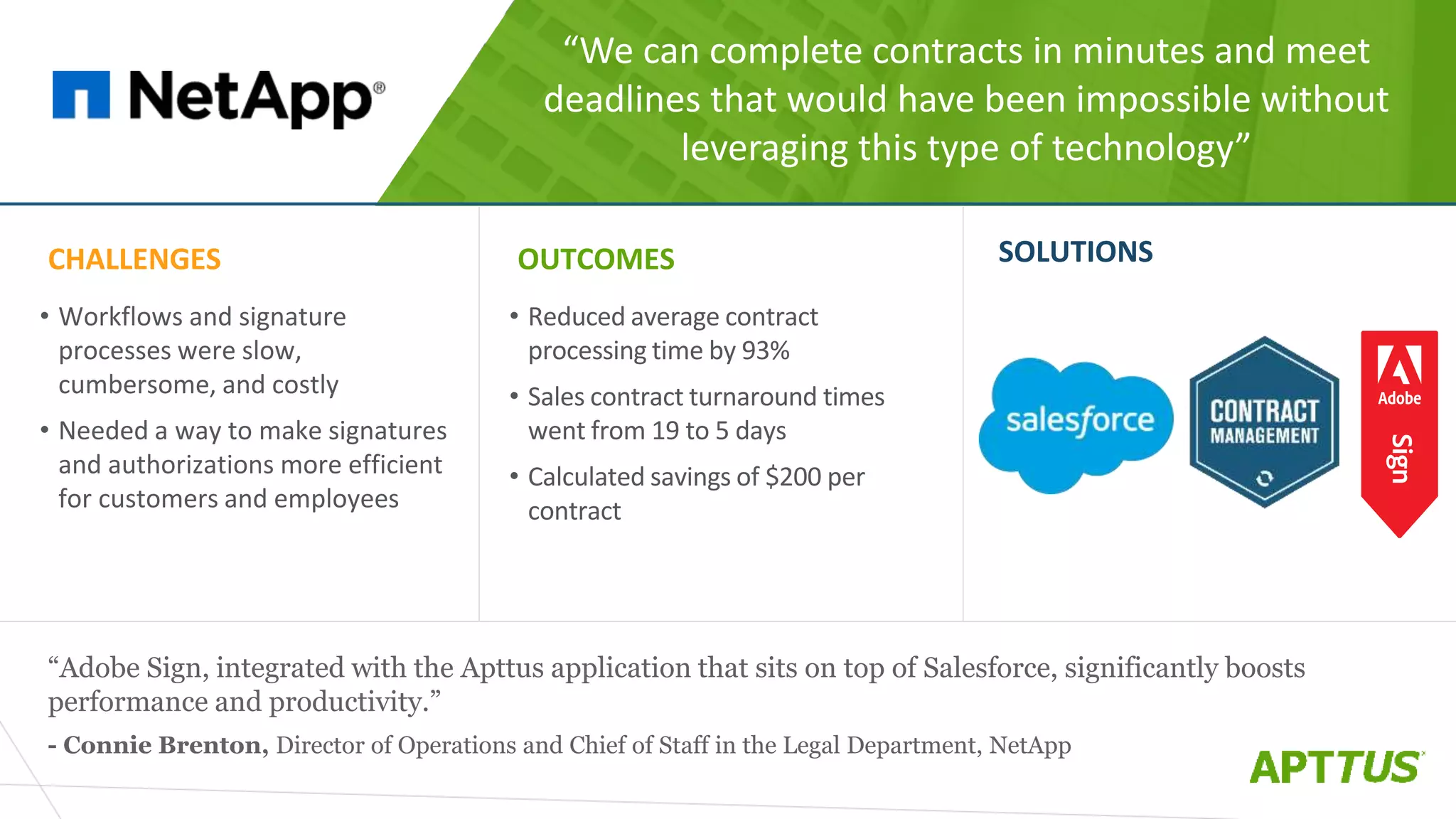 “We can complete contracts in minutes and meet
deadlines that would have been impossible without
leveraging this type of technology”
“Adobe Sign, integrated with the Apttus application that sits on top of Salesforce, significantly boosts
performance and productivity.”
- Connie Brenton, Director of Operations and Chief of Staff in the Legal Department, NetApp
CHALLENGES
• Workflows and signature
processes were slow,
cumbersome, and costly
• Needed a way to make signatures
and authorizations more efficient
for customers and employees
OUTCOMES
• Reduced average contract
processing time by 93%
• Sales contract turnaround times
went from 19 to 5 days
• Calculated savings of $200 per
contract
SOLUTIONS
 