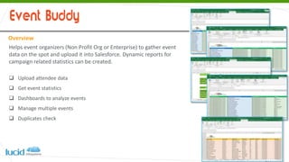 Overview
Helps event organizers (Non Profit Org or Enterprise) to gather event
data on the spot and upload it into Salesforce. Dynamic reports for
campaign related statistics can be created.
 Upload attendee data
 Get event statistics
 Dashboards to analyze events
 Manage multiple events
 Duplicates check
 