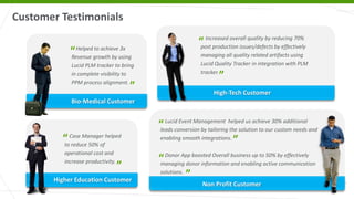 Non Profit Customer
“Lucid Event Management helped us achieve 30% additional
leads conversion by tailoring the solution to our custom needs and
enabling smooth integrations.
Donor App boosted Overall business up to 50% by effectively
managing donor information and enabling active communication
solutions.
“
”
Customer Testimonials
Case Manager helped
to reduce 50% of
operational cost and
increase productivity.
Higher Education Customer
High-Tech Customer
Increased overall quality by reducing 70%
post production issues/defects by effectively
managing all quality related artifacts using
Lucid Quality Tracker in integration with PLM
tracker.
“
”
“
”
”
Helped to achieve 3x
Revenue growth by using
Lucid PLM tracker to bring
in complete visibility to
PPM process alignment.
“
”
Bio-Medical Customer
 