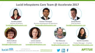 Lucid Infosystems Core Team @ Accelerate 2017
Surekha Chikoti
Solution & Delivery
Surekha@lucidinfosystems.com
David Mosher
Chief Architect
David@lucidinfosystems.com
Praveen Thorlapati
Business Development & Operations
Praveen@lucidinfosystems.com
Sheila DuBrow
Change Leader
Sheila@lucidinfosystems.com
Ken Matusow
Tech Strategist & Sales
Ken@lucidinfosystems.com
Lorene Conner
Customer Relations
Lorene@lucidinfosystems.com
info@lucidinfosystems.com
www.lucidinfosystems.com
Lucid Infosystems LLC
Phone : 408-689-2590 | 650-814-4119 | 408-661-8059
Keerthi Vasishtha
Product Manager – X Author
Keerthi@lucidinfosystems.com
 