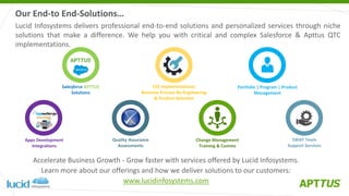 Accelerate Business Growth - Grow faster with services offered by Lucid Infosystems.
Learn more about our offerings and how we deliver solutions to our customers:
www.lucidinfosystems.com
Portfolio | Program | Product
Management
Salesforce APTTUS
Solutions
E2E Implementations
Business Process Re-Engineering
& Product Selection
SWAT Team
Support Services
Change Management
Training & Comms
Quality Assurance
Assessments
Apps Development
Integrations
Our End-to End-Solutions…
Lucid Infosystems delivers professional end-to-end solutions and personalized services through niche
solutions that make a difference. We help you with critical and complex Salesforce & Apttus QTC
implementations.
 