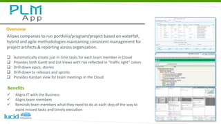 Overview
Allows companies to run portfolio/program/project based on waterfall,
hybrid and agile methodologies maintaining consistent management for
project artifacts & reporting across organization.
 Automatically create just in time tasks for each team member in Cloud
 Provides both Gantt and List Views with risk reflected in “traffic light” colors
 Drill down epics, stories
 Drill down to releases and sprints
 Provides Kanban view for team meetings in the Cloud
Benefits
 Aligns IT with the Business
 Aligns team members
 Reminds team members what they need to do at each step of the way to
avoid missed tasks and timely execution
 