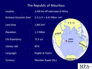 Location 2,400 km off east-coast of Africa
Exclusive Economic Zone 2.3 (1.9 + 0.4) Million km2
Land Area 1,865 km2
Population 1,3 Million
Life Expectancy 72.5 yrs
Literacy rate 85%
Languages English & French
Currency Mauritian Rupee (Rs.)
The Republic of Mauritius
 