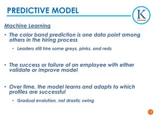1919
Machine Learning
• The color band prediction is one data point among
others in the hiring process
• Leaders still hire some greys, pinks, and reds
• The success or failure of an employee with either
validate or improve model
• Over time, the model learns and adapts to which
profiles are successful
• Gradual evolution, not drastic swing
PREDICTIVE MODEL
 