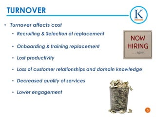 55
• Turnover affects cost
• Recruiting & Selection of replacement
• Onboarding & training replacement
• Lost productivity
• Loss of customer relationships and domain knowledge
• Decreased quality of services
• Lower engagement
TURNOVER
 