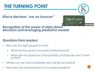 77
Kforce declares “war on turnover”
Recognition of the power of data-driven
decisions and leveraging predictive models
Questions from leaders:
• Who are the right people to hire?
• What factors predict successful performance?
• What are the detractor characteristics of those we don’t want
to hire?
• Where can we find candidates who will be successful?
• What are the characteristics of successful leaders?
THE TURNING POINT
 