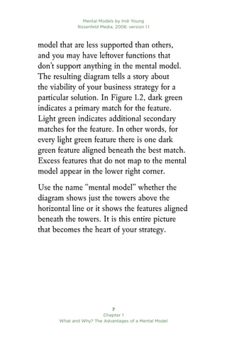 Mental Models by Indi Young
Rosenfeld Media, 2008; version 1.1

Chapter 1
What and Why? The Advantages of a Mental Model
model that are less supported than others,
and you may have leftover functions that
don’t support anything in the mental model.
The resulting diagram tells a story about
the viability of your business strategy for a
particular solution. In Figure 1.2, dark green
indicates a primary match for the feature.
Light green indicates additional secondary
matches for the feature. In other words, for
every light green feature there is one dark
green feature aligned beneath the best match.
Excess features that do not map to the mental
model appear in the lower right corner.
Use the name “mental model” whether the
diagram shows just the towers above the
horizontal line or it shows the features aligned
beneath the towers. It is this entire picture
that becomes the heart of your strategy.
 