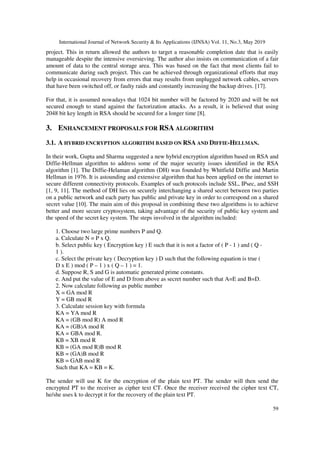 International Journal of Network Security & Its Applications (IJNSA) Vol. 11, No.3, May 2019
59
project. This in return allowed the authors to target a reasonable completion date that is easily
manageable despite the intensive oversieving. The author also insists on communication of a fair
amount of data to the central storage area. This was based on the fact that most clients fail to
communicate during such project. This can be achieved through organizational efforts that may
help in occasional recovery from errors that may results from unplugged network cables, servers
that have been switched off, or faulty raids and constantly increasing the backup drives. [17].
For that, it is assumed nowadays that 1024 bit number will be factored by 2020 and will be not
secured enough to stand against the factorization attacks. As a result, it is believed that using
2048 bit key length in RSA should be secured for a longer time [8].
3. ENHANCEMENT PROPOSALS FOR RSA ALGORITHM
3.1. A HYBRID ENCRYPTION ALGORITHM BASED ON RSA AND DIFFIE-HELLMAN.
In their work, Gupta and Sharma suggested a new hybrid encryption algorithm based on RSA and
Diffie-Hellman algorithm to address some of the major security issues identified in the RSA
algorithm [1]. The Diffie-Helaman algorithm (DH) was founded by Whitfield Diffie and Martin
Hellman in 1976. It is astounding and extensive algorithm that has been applied on the internet to
secure different connectivity protocols. Examples of such protocols include SSL, IPsec, and SSH
[1, 9, 11]. The method of DH lies on securely interchanging a shared secret between two parties
on a public network and each party has public and private key in order to correspond on a shared
secret value [10]. The main aim of this proposal in combining these two algorithms is to achieve
better and more secure cryptosystem, taking advantage of the security of public key system and
the speed of the secret key system. The steps involved in the algorithm included:
1. Choose two large prime numbers P and Q.
a. Calculate N = P x Q.
b. Select public key ( Encryption key ) E such that it is not a factor of ( P - 1 ) and ( Q -
1 ).
c. Select the private key ( Decryption key ) D such that the following equation is true (
D x E ) mod ( P – 1 ) x ( Q – 1 ) = 1.
d. Suppose R, S and G is automatic generated prime constants.
e. And put the value of E and D from above as secret number such that A=E and B=D.
2. Now calculate following as public number
X = GA mod R
Y = GB mod R
3. Calculate session key with formula
KA = YA mod R
KA = (GB mod R) A mod R
KA = (GB)A mod R
KA = GBA mod R.
KB = XB mod R
KB = (GA mod R)B mod R
KB = (GA)B mod R
KB = GAB mod R
Such that KA = KB = K.
The sender will use K for the encryption of the plain text PT. The sender will then send the
encrypted PT to the receiver as cipher text CT. Once the receiver received the cipher text CT,
he/she uses k to decrypt it for the recovery of the plain text PT.
 